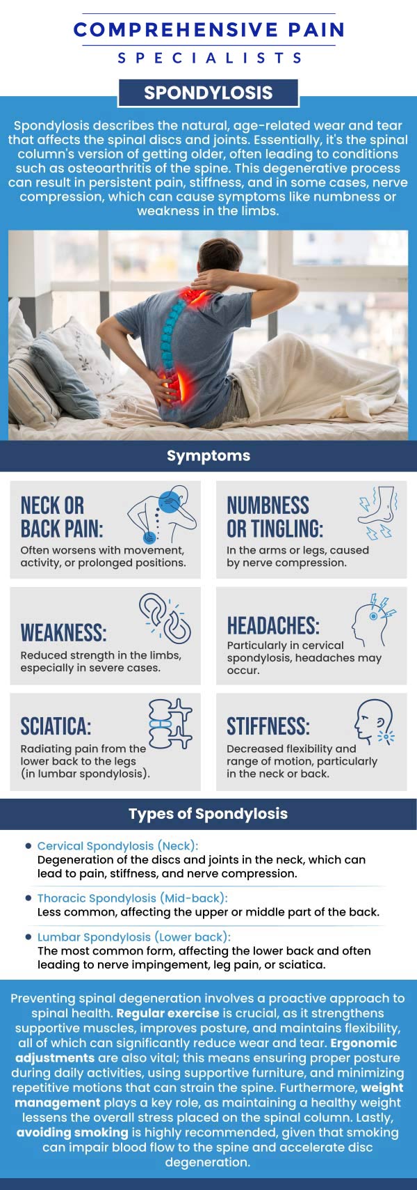 Common questions asked by patients: What is the cause of spondylosis? Can you fully recover from spondylosis? Does spondylosis pain go away? What is the best treatment for spondylosis? For more information, contact us or book an appointment online. We are located at 1177 PA-315, Dolphin Plaza, Wilkes-Barre, PA 18702. We serve patients from Wilkes-Barre PA, Glen Lyon PA, Dallas PA, Pittston PA, Mountain Top PA, Plymouth PA, and surrounding areas.
