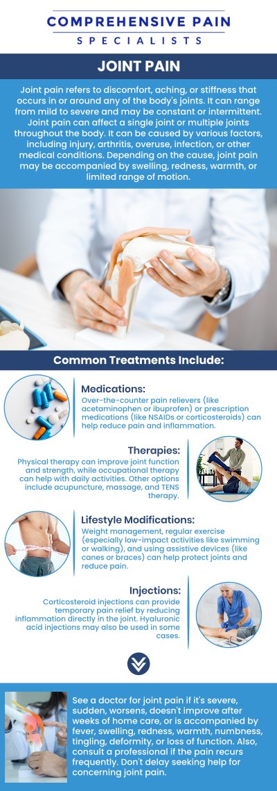 Joint pain can result from various causes, including injuries, arthritis, overuse, infections, or underlying health conditions like gout or autoimmune diseases. It often leads to discomfort, swelling, stiffness, and limited mobility. Pain management professionals play a crucial role in diagnosing the root cause and creating personalized treatment plans. At Comprehensive Pain Specialists, our professionals address your joint pain comprehensively, helping you achieve relief, improved function, and enhanced quality of life. For more information, contact us or book an appointment online. We are located at 1177 PA-315, Dolphin Plaza, Wilkes-Barre, PA 18702. 