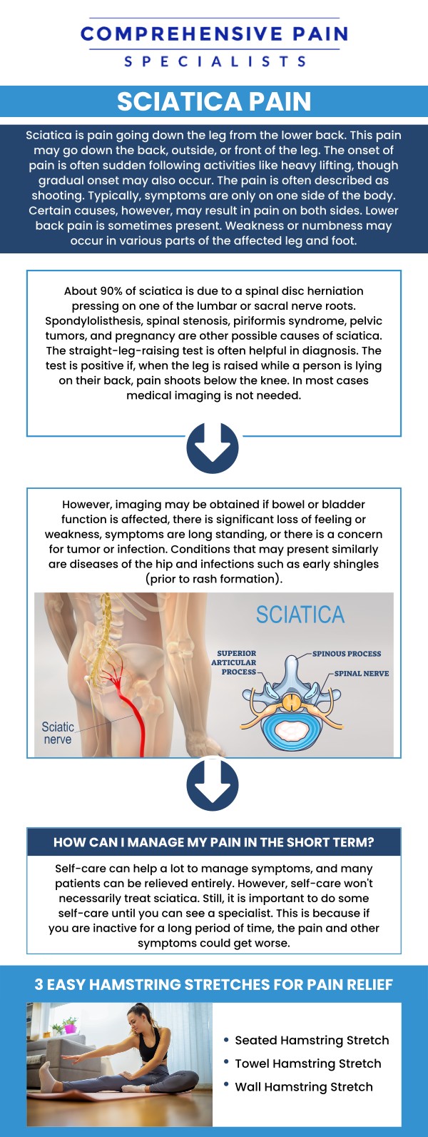 Common questions asked by patients: What is sciatica, and what causes it? What are the common symptoms of sciatica, and how can you identify it? How is sciatica diagnosed by healthcare professionals? Can sciatica be prevented or managed through lifestyle changes and exercises? For more information, contact us or book an appointment online. We are located at 1177 PA-315, Dolphin Plaza, Wilkes-Barre, PA 18702. We serve patients from Wilkes-Barre PA, Glen Lyon PA, Dallas PA, Pittston PA, Mountain Top PA, Plymouth PA, and surrounding areas.
