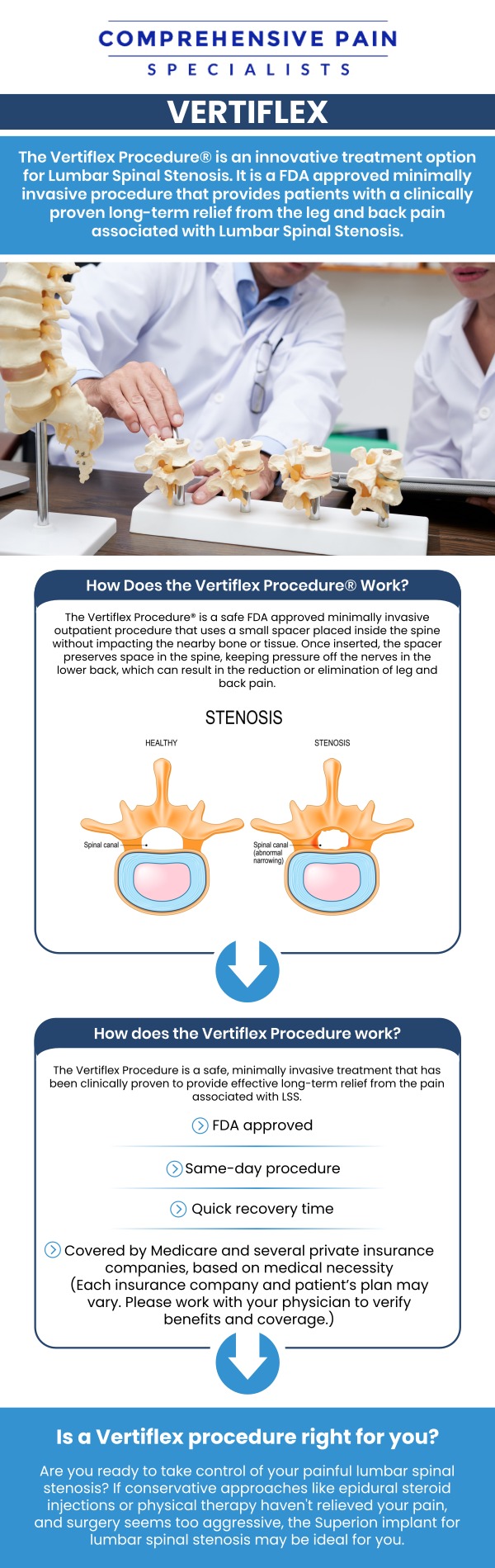 Common questions asked by patients: What is Vertiflex Interspinous Stabilization, and how does it work to treat spinal conditions? What conditions can be treated with Vertiflex Interspinous Stabilization? How is the Vertiflex Interspinous Stabilization procedure performed? What are the benefits of choosing Vertiflex Interspinous Stabilization over other spinal treatments? For more information, contact us or book an appointment online. We are located at 1177 PA-315, Dolphin Plaza, Wilkes-Barre, PA 18702. We serve patients from Wilkes-Barre PA, Glen Lyon PA, Dallas PA, Pittston PA, Mountain Top PA, Plymouth PA, and surrounding areas.