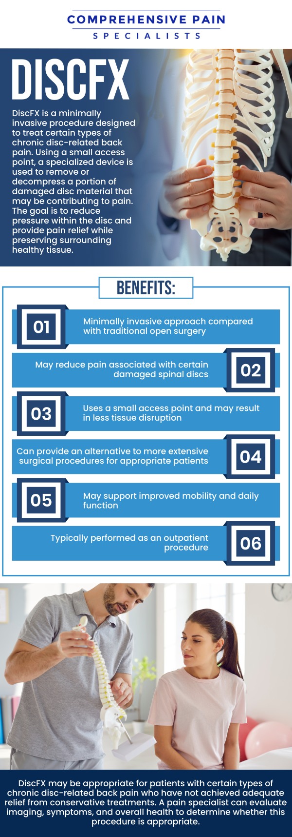 Common questions asked by patients: What is a disc fracture (disc fx), and how does it occur? How does a disc fracture affect the spine and surrounding nerves? How do disc fractures differ from other spinal injuries like herniated discs? What are the long-term effects of a disc fracture on mobility and spinal health? For more information, contact us or book an appointment online. We are located at 1177 PA-315, Dolphin Plaza, Wilkes-Barre, PA 18702. We serve patients from Wilkes-Barre PA, Glen Lyon PA, Dallas PA, Pittston PA, Mountain Top PA, Plymouth PA, and surrounding areas.