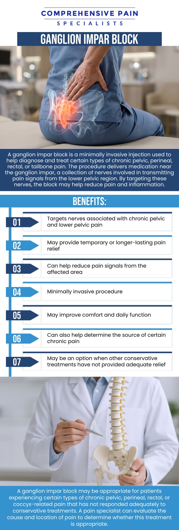 Common questions asked by patients: What is a ganglion impar block? How does a ganglion impar block work to relieve pain? What types of pain can a ganglion impar block help alleviate? How long does the pain relief from a ganglion impar block last? For more information, contact us or book an appointment online. We are located at 1177 PA-315, Dolphin Plaza, Wilkes-Barre, PA 18702. We serve patients from Wilkes-Barre PA, Glen Lyon PA, Dallas PA, Pittston PA, Mountain Top PA, Plymouth PA, and surrounding areas.